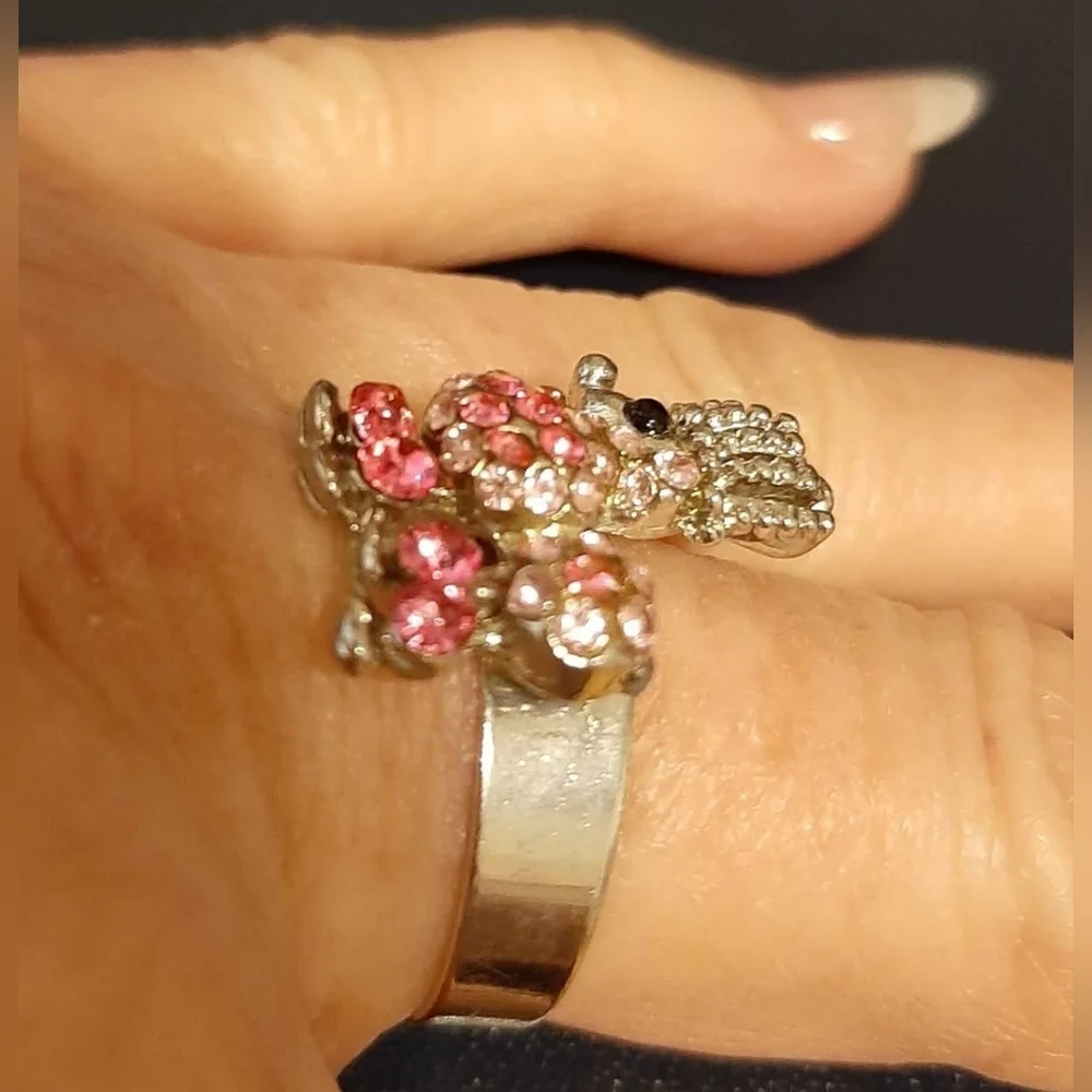 Vintage Pink Rhinestones Poodle Silver Tone Adjustable Ring